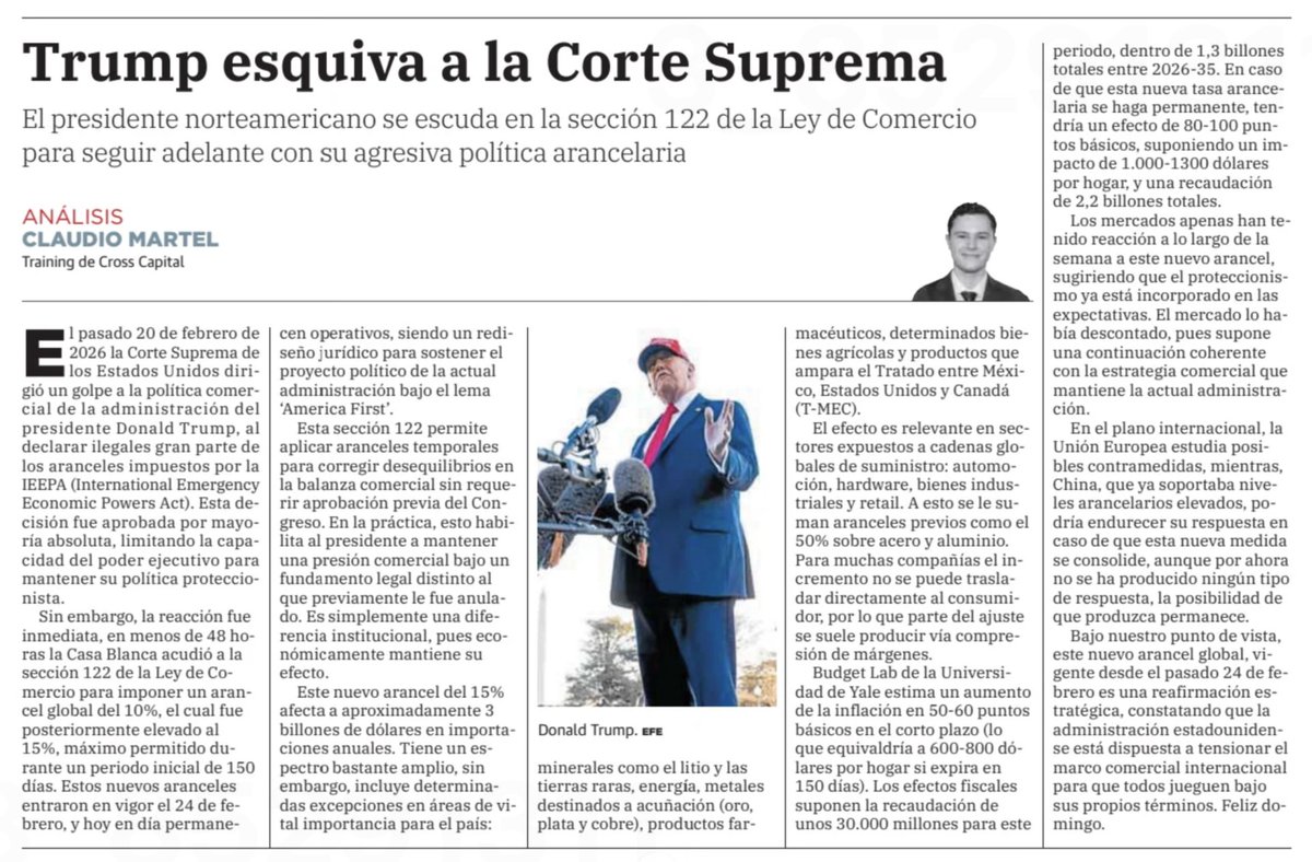CrossCapital's tweet photo. ✍️ «𝗧𝗿𝘂𝗺𝗽 𝗲𝘀𝗾𝘂𝗶𝘃𝗮 𝗮 𝗹𝗮 𝗖𝗼𝗿𝘁𝗲 𝗦𝘂𝗽𝗿𝗲𝗺𝗮», aportación de nuestro compañero Claudio Martel, del área de Training, quien analiza la imposición de un nuevo arancel global por parte de la administración Trump ante el revés del Tribunal Supremo en EE.UU.. Para nuestra última contribución dominical en 📰 @canarias7  y @diariodeavisos .

Para una mejor lectura pueden visitar nuestro #blog aquí 👉 :
https://t.co/SY2KvwAUkI

#análisis #geopolítica #EAF #EEUU #politicacomercial #aranceles
