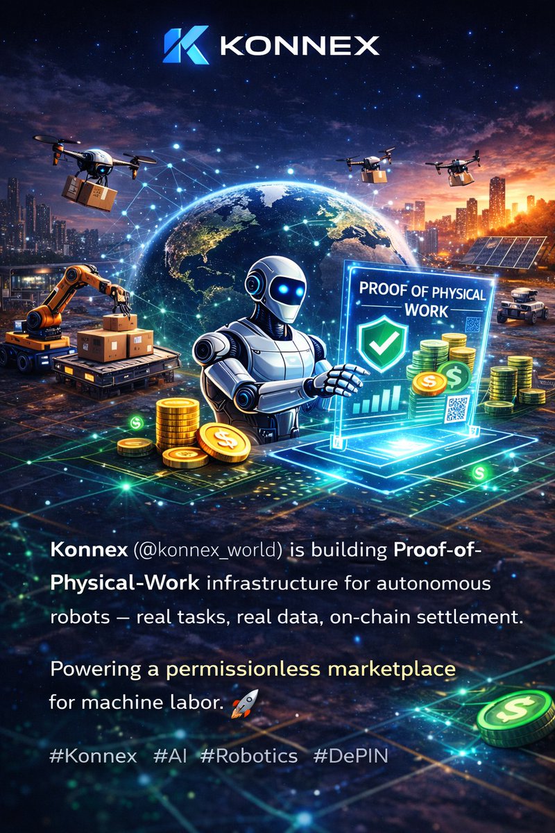 KitTh1849's tweet photo. Konnex (@konnex_world) is building Proof-of-Physical-Work infrastructure for autonomous robots — real tasks, real data, on-chain settlement.Powering a permissionless marketplace for machine labor. 🚀 https://t.co/UMtfPTjoKM