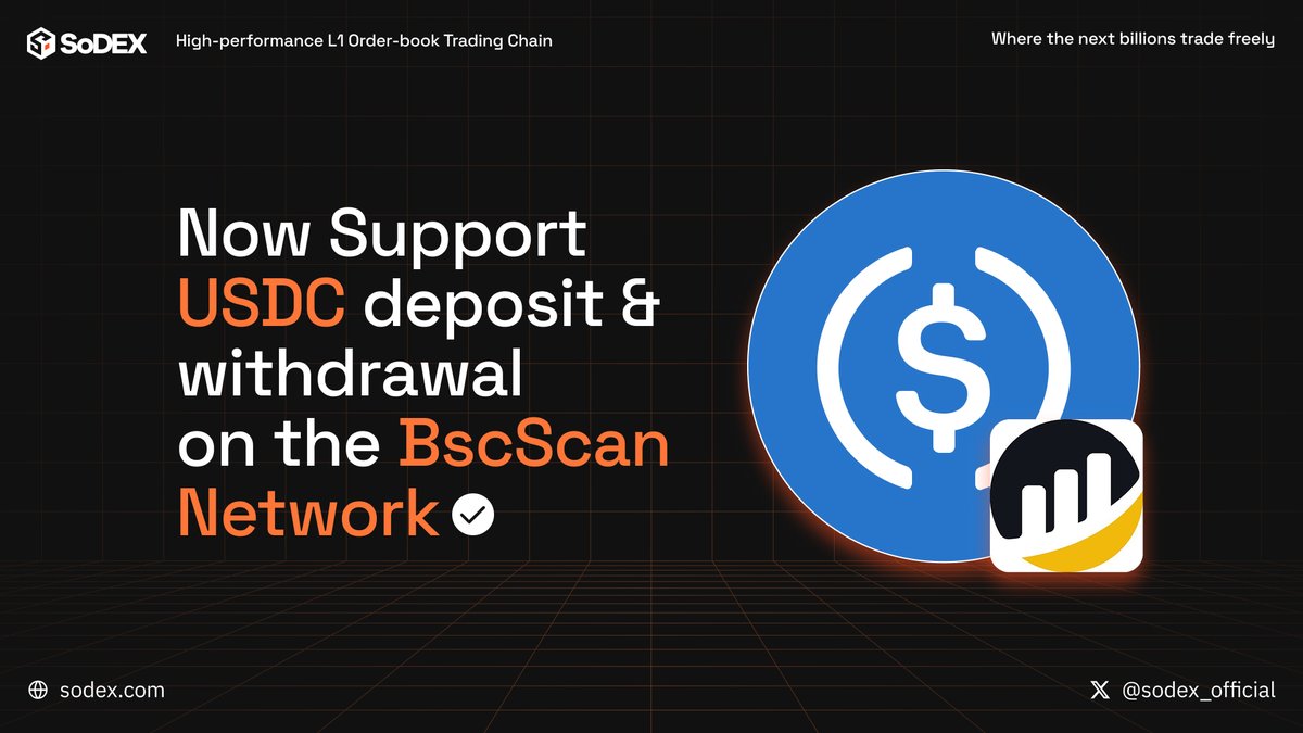 sodex_official's tweet photo. 📢 USDC (BSC) deposits & withdrawals are now live on SoDEX!

✅ BSC network officially supported

⚠️ If you previously deposited USDC via BSC before support went live: it will be processed manually and we’ll notify you by email once completed.

🧾 Need help? Open a ticket in SoDEX Discord Support.

Start now 👉 https://t.co/Q8inO09Oxj

#SoDEX #USDC #BSC #ValueChain #Crypto #DEX