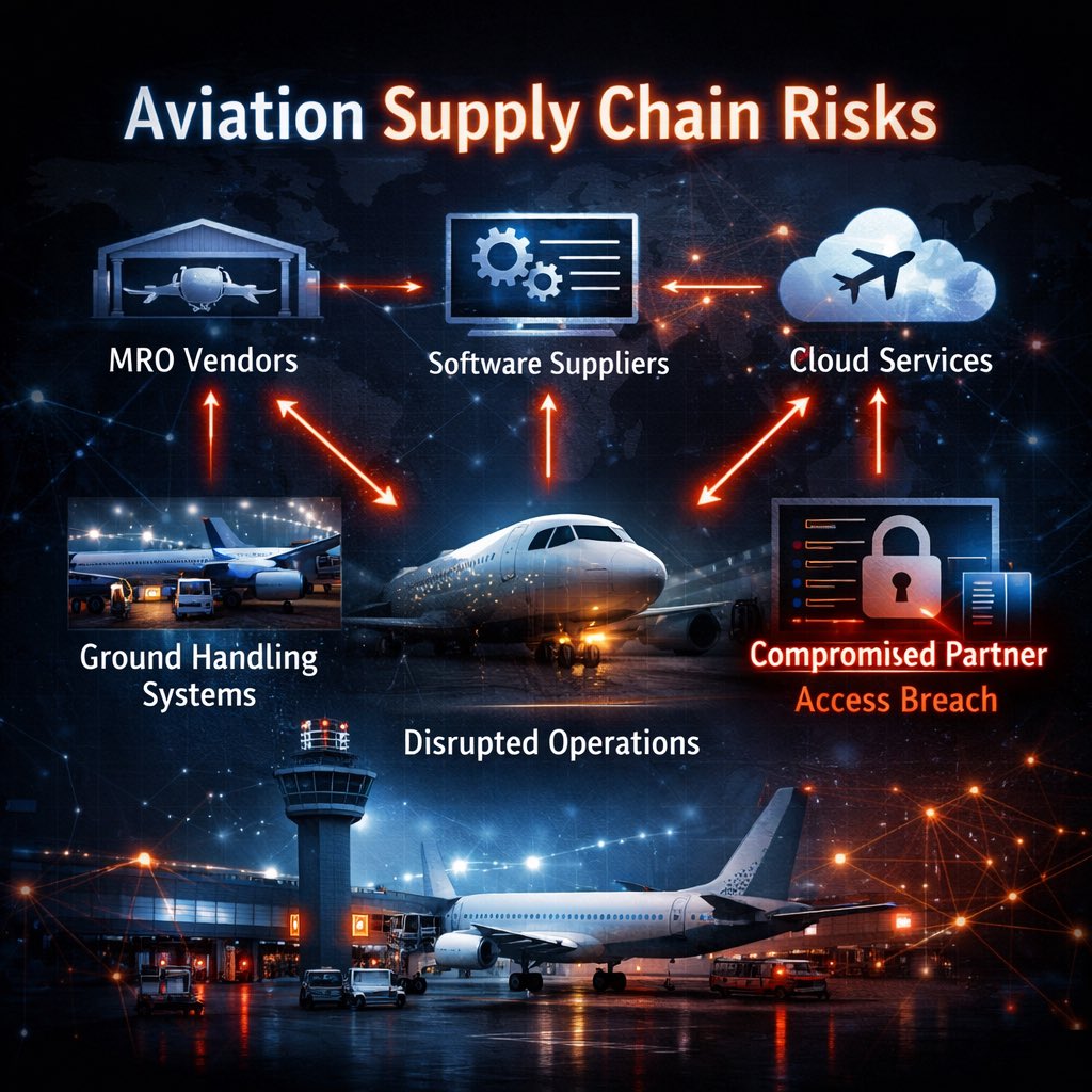 cybr_monk's tweet photo. Your aviation supply chain is your weakest link!!!!

Airlines secure their perimeter.

Attackers target vendors.

• MRO providers
• Software suppliers
One compromised partner
can disrupt multiple airports.

Threat intelligence must map
who connects to your operations. https://t.co/0LnXUgpCn4