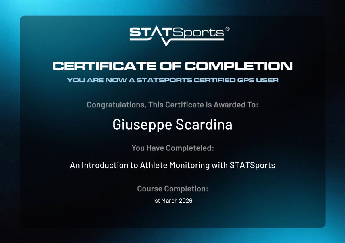 GiusScardina's tweet photo. A valuable reminder that monitoring is about context, decision-making, and supporting coaching, not chasing numbers.

Just completed "An Introduction to Athlete Monitoring with @statsports"

Load with purpose. Data with meaning.

#SportsScience #AthleteMonitoring #STATSports https://t.co/I3SgerarVY