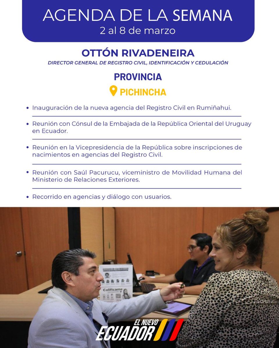 ⭐ Inauguración de la nueva agencia en Rumiñahui📍reuniones de articulación interinstitucional y diálogo directo con la ciudadanía, marcan la agenda semanal del director general <a href="/OttnRivadeneira/">Ottón Rivadeneira</a>.

Gestión para fortalecer servicios y garantizar identidad a los ciudadanos.