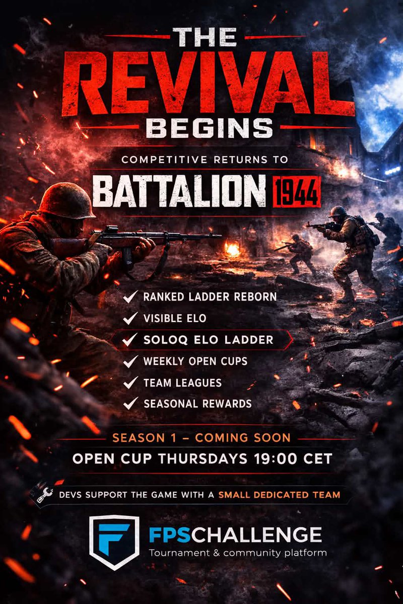 Lets get this game going again 
<a href="/PlayBattalion/">BATTALION: Legacy</a> <a href="/BULKHEAD/">BULKHEAD</a> <a href="/FPSChallenge/">FPSChallenge.eu</a> 

Tournament on thursday 19:00CET
Sign up on fpschallenge.eu