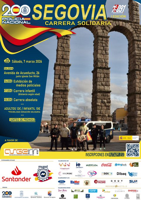 policia's tweet photo. 🏃‍♂️✨ Correr por quienes más lo necesitan

La #Ruta091 no solo es deporte… ¡es mucho más! 💪

📅 El 7 de marzo
📍 En la Avenida del Acueducto, en Segovia
🔹 Categorías MINI y ADULTO
🚔 Desde las 16:00 h, exhibición de medios policiales
💙 Todos con #ASGEM

¿Te unes? Inscríbete aquí 👇
https://t.co/KJ2E7ihKPH

@polimupol
@santander_es