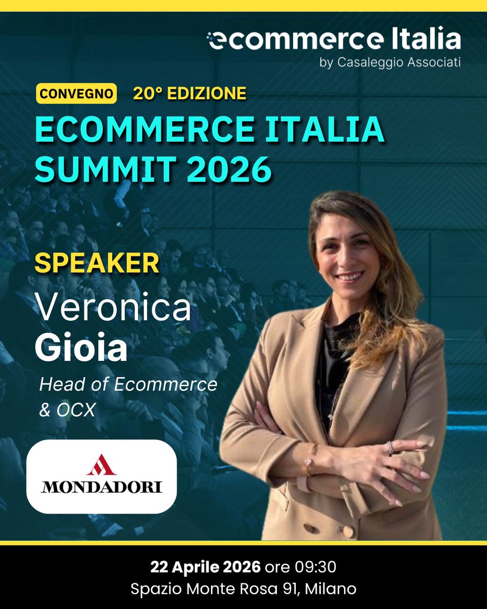 🎤 Il 22 aprile a Milano si terrà “Ecommerce Italia Summit 2026” e avremo il piacere di avere Veronica Gioia, Head of Ecommerce &amp; OCX di Mondadori, come relatrice.

✍️Iscriviti all’evento "Ecommerce Italia Summit 2026": ecommerceitalia.info/report/ecommer…

#ecommerceitalia2026 #Mondadori