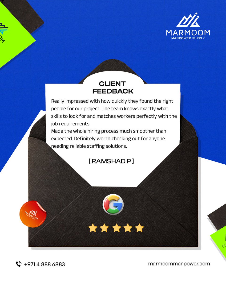 MarmoomS's tweet photo. A team that matches the right skills to the right project.
Quick turnaround, reliable staffing, and smooth hiring  that’s Marmoom.
#ClientReview #ReliableWorkforce #StaffingSolutions #MarmoomManpower #UAE https://t.co/0C5JfRbX6W