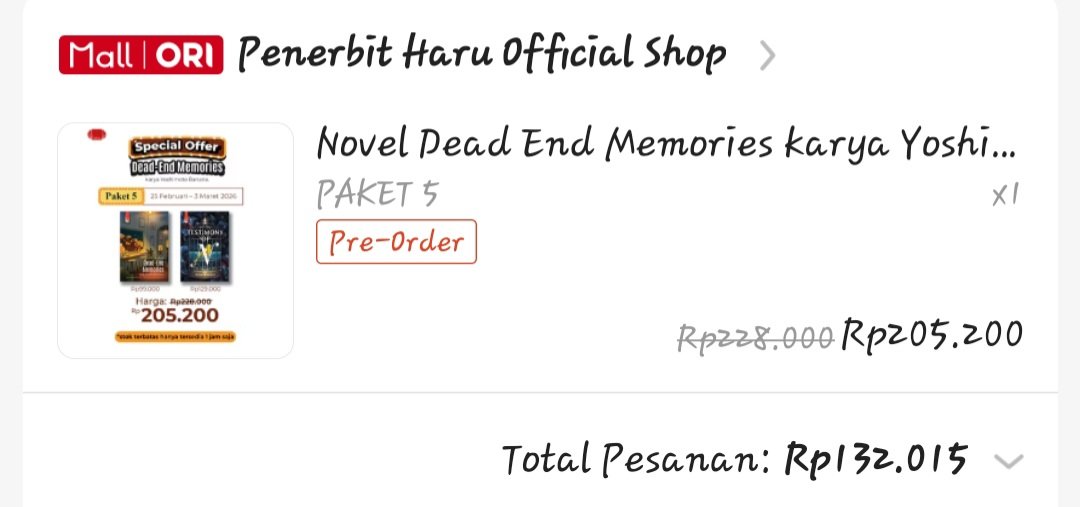 Udah ikutan PO yg dead end memories. Harga asli Testimony of N 129 ribu, aku dapet 132 ribu udah 2 buku 😁