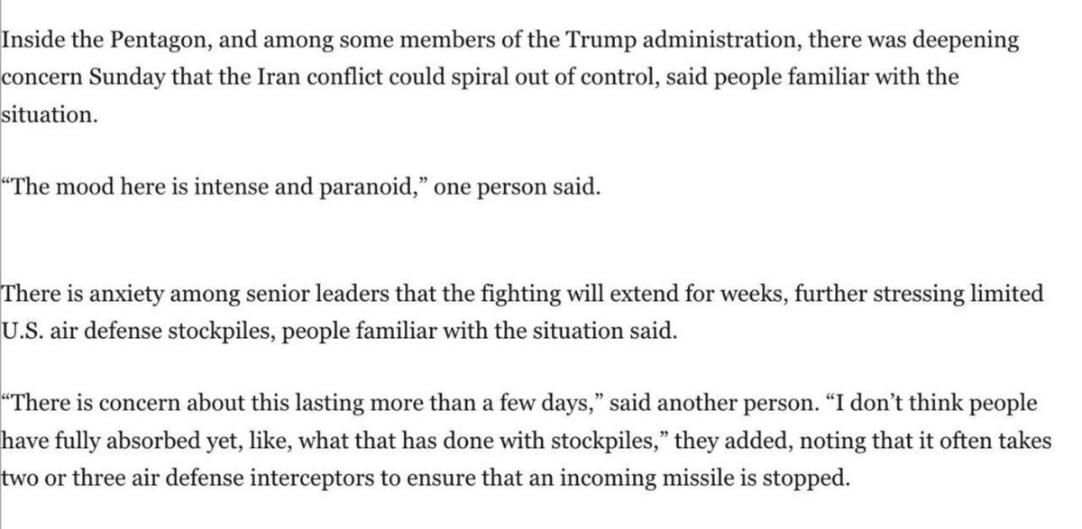 samei61143685's tweet photo. —❗️🇺🇸/🇮🇷 Senior U.S. Officials to the Washington Post'Inside the Pentagon, and among some members of the Trump administration, thre was deepening concrn on Sundy that the Iran conflict could spiral out of control The mood here is intense and paranoid', one person said
#عاجل_الان https://t.co/Pq7vXoVpfC