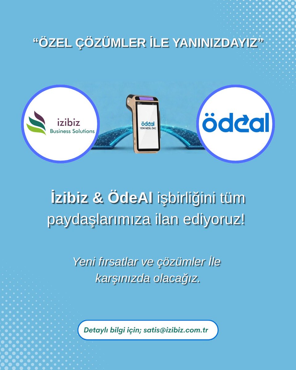 Özel Çözümler ile Yanınızdayız!

İzibiz &amp; ÖdeAl İş Birliğini Tüm Paydaşlarımıza İlan Ediyoruz!
Yeni fırsatlar ve çözümler ile karşınızda olacağız.

#izibiz #özelentegratör #eBelge #eFatura #işbirliği #ödeal