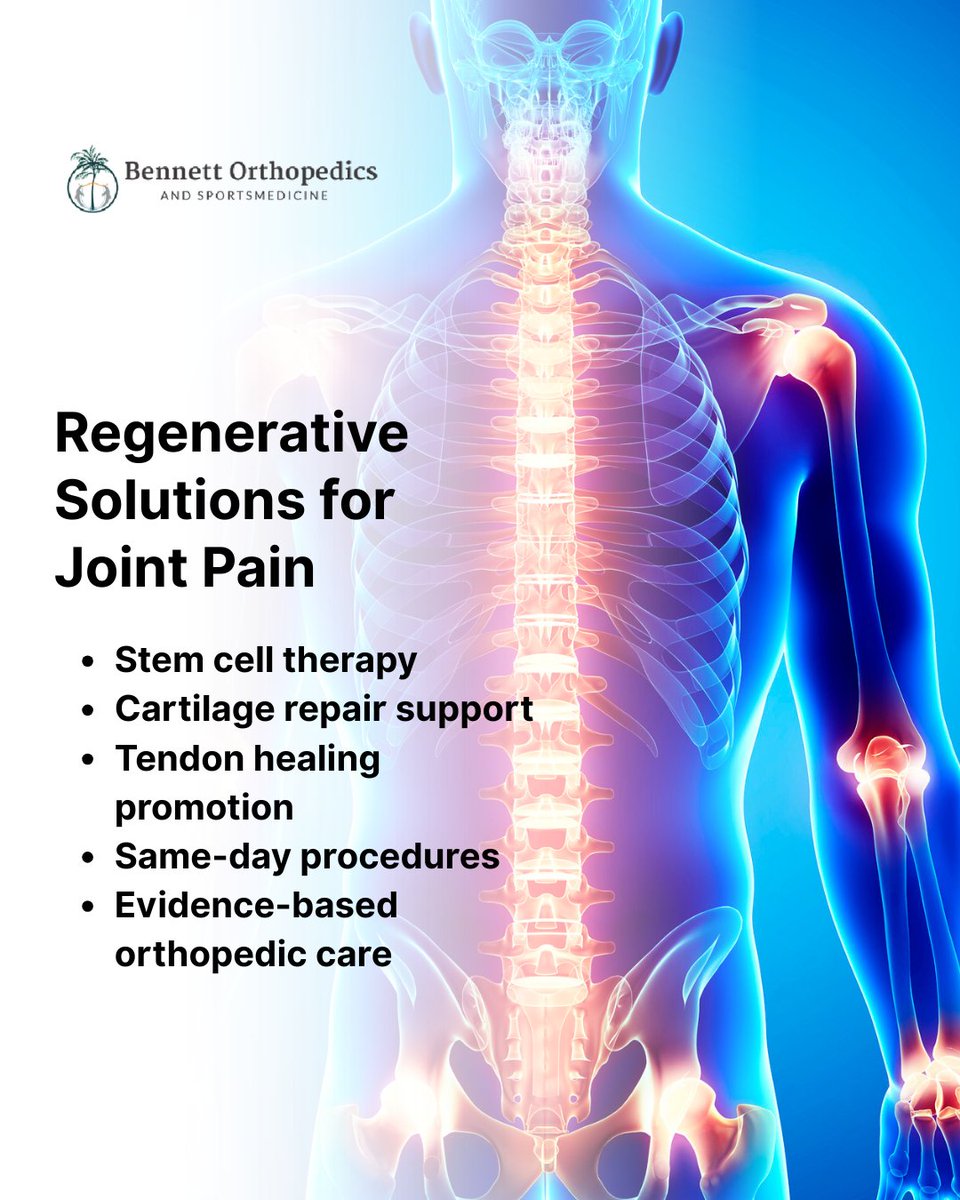 Considering alternatives to surgery for knee or shoulder pain? At Bennett Orthopedics and Sportsmedicine, Dr. Bennett utilizes Adult Stem Cell Therapy using bone marrow–derived cells to support cartilage, tendon, and ligament healing.
#StemCellTherapy  #KneePainRelief