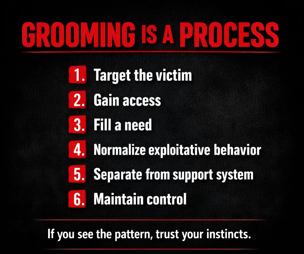 6 Steps of Grooming:
1-Target the victim
2-Gain access
3-Fill a need
4-Normalize exploitative behavior
5-Separate from support system
6-Maintain control

#GroomingAwareness #KnowThePattern #StayAlert
