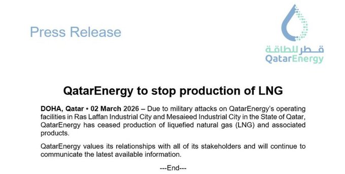 AlertesInfos's tweet photo. 🚨🇶🇦🌍 ALERTE INFO | QatarEnergy, qui représente à elle seule près de 20% du commerce mondial de gaz naturel liquéfié (GNL), a suspendu sa production de GNL. (communiqué) https://t.co/J38w9rBZ3u