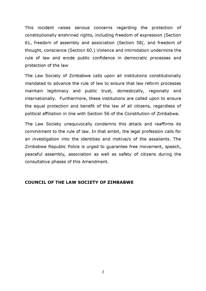 lawsocietyofzim's tweet photo. Council of the LSZ has issued the attached statement following the attack on Professor Lovemore Madhuku https://t.co/0g8oKN2hcU