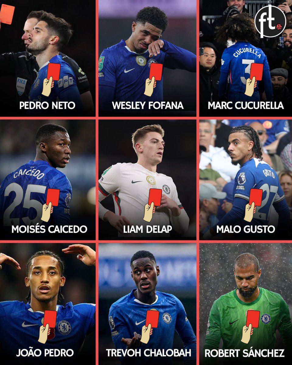 Footballtweet's tweet photo. Chelsea have now received 9 red cards this season in all competitions, the joint-most of any Premier League team in a single season:

🟥 Pedro Neto
🟥 Wesley Fofana
🟥 Marc Cucurella
🟥 Moisés Caicedo
🟥 Liam Delap (EFL Cup) 
🟥 Malo Gusto
🟥 João Pedro (UCL)
🟥 Trevoh Chalobah
🟥 Robert Sánchez