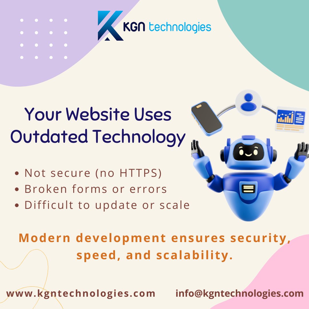 Is your website driving customers away?

4 warning signs:
1. Slow speed
2. Not mobile-friendly
3. Confusing design
4. Outdated tech

Your website is your 24/7 sales rep.
 If it’s underperforming, you’re losing leads.

Time for an upgrade?
KGN Technologies builds fast, modern &amp;