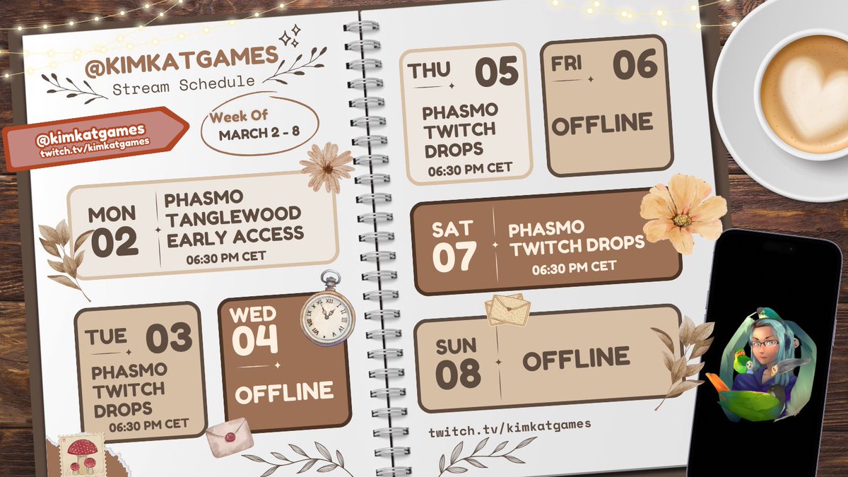 Here is this week’s new schedule and I am so excited! 

Today we will be jumping into the new Reworked Tanglewood (update launches tomorrow March 3rd for everyone) and the rest of the week will be Phasmo with Twitch Drops active for an exclusive animated ID badge!