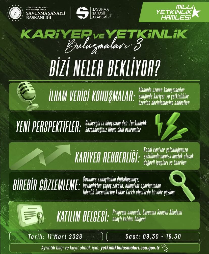 Samukargep's tweet photo. Kariyer ve Yetkinlik Buluşmaları-3️⃣ 
Bizi Neler Bekliyor❓ 

İlham Verici Konuşmalar 🗣️ 💬 
Yeni Perspektifler 👀 
Kariyer Rehberliği 👩‍🏫 
Birebir Gözlemleme 🧐 
Katılım Belgesi 📝 

🗓️ 11 Mart 2026
🕤 09.30-16.30

Aşağıdaki bağlantıdan kayıt ol👇 

🔗 https://t.co/t7z0DHoIm2 https://t.co/BzRSs2s2T2