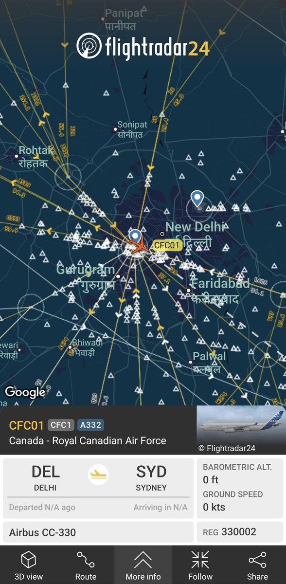raaf_vip's tweet photo. Canadian PM Mark Carney is on the ground in New Dehli about to taxi and depart for Sydney.

Airbus CC-330 Husky // 330002 // #C2C363 // CANFORCE 01

Live tracking: CFC1 from Delhi to Sydney https://t.co/aI6rM2TIRy https://t.co/1tu7oKf7xF