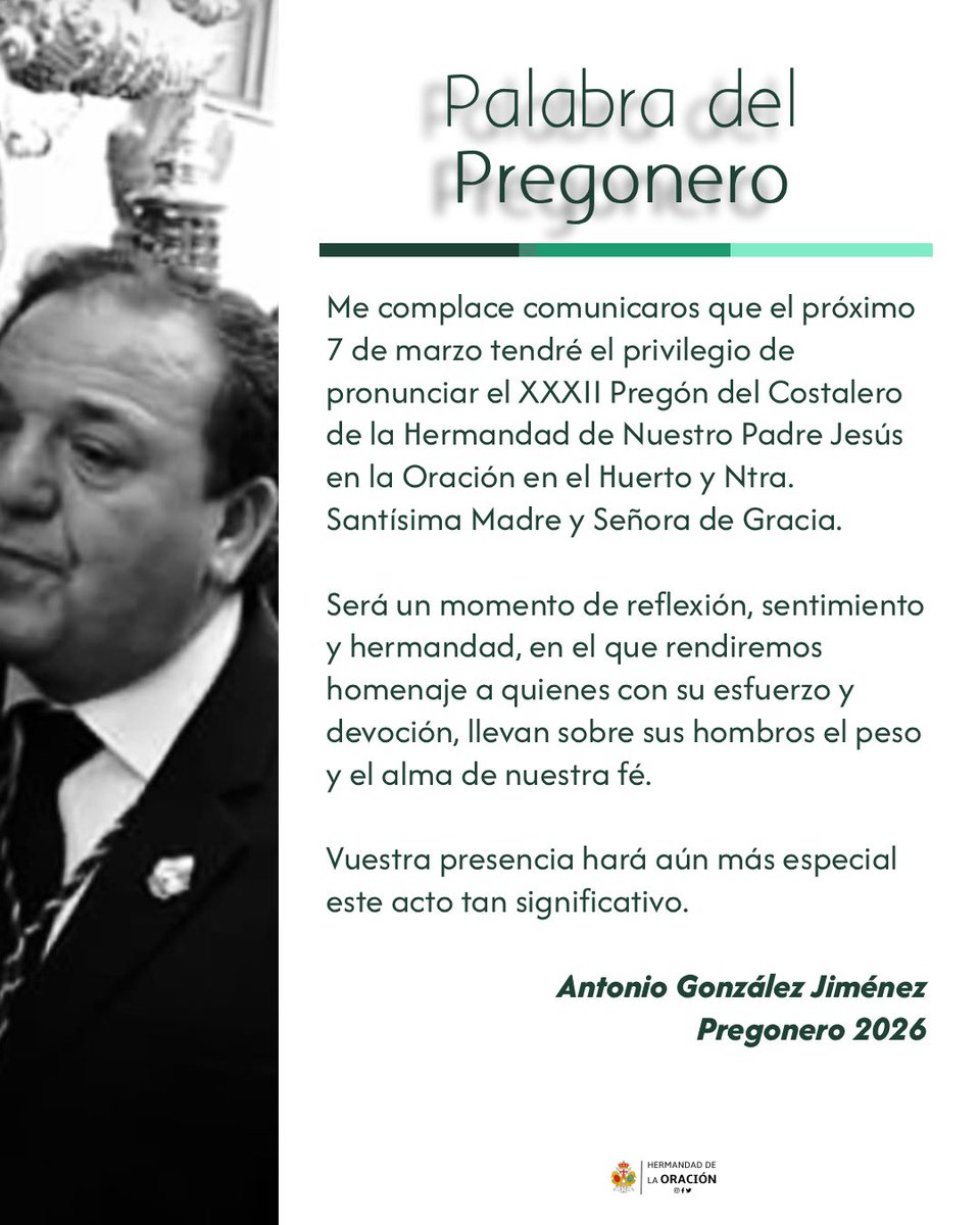 ᴘʀᴇɢóɴ ᴅᴇʟ ᴄᴏꜱᴛᴀʟᴇʀᴏ | 

✨ El próximo sábado, en la Cripta del Hospital de los Marqueses, tendremos el honor de escuchar a D. Antonio González Jiménez , quien realizará el Pregón del Costalero de nuestra hermandad.

Un momento muy especial para compartir fe, tradición