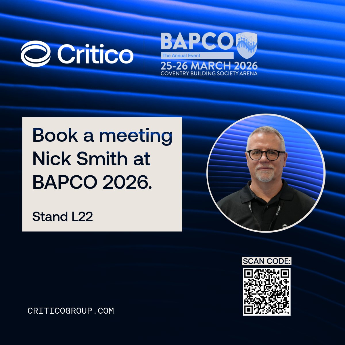 criticogroup's tweet photo. Nick Smith will be on Stand L22 at #BAPCO2026 discussing resilient alerting &amp; station-end infrastructure for UK Blue Light services.

Book time here:
https://t.co/rchzyoNBS3

#BlueLight #CriticalComms https://t.co/7VQ4OrMU8Q
