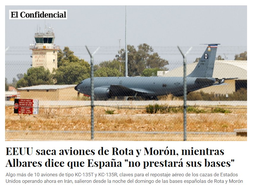 oriolsabata's tweet photo. 🇪🇸 | Hay que insistir en esto. Es muy grave por la complicidad de España y el problema que puede plantear para la seguridad del país.

El gobierno lo niega pero EE.UU está usando las bases de Rota y Morón para atacar a Irán. https://t.co/FYEsn34yNH