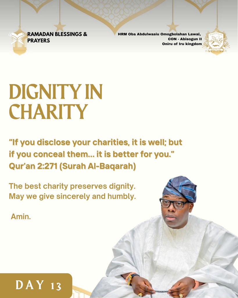 HRMOniru's tweet photo. Dignity in Charity - Quran 2:271 (Surah Al- Baqarah)
It is Allah’s will that we give in humility and without seeking attention. May our Zakat and Sadaqah be accepted & our shortcomings in this regard - forgiven.
Amin.
#RamadanDay13
#TheBlessingsofRamadan
#HRMRAMADANTEACHINGS https://t.co/qtyiXJr1K0