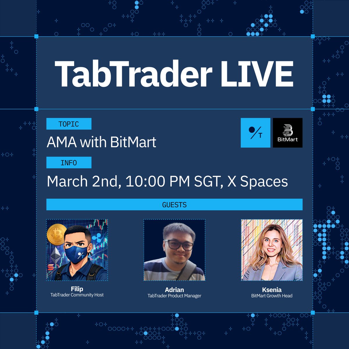 Going live at 10PM SGT 🎙️

We’re welcoming our newest exchange partner, <a href="/BitMartExchange/">BitMart</a> and explore BitMart’s key trading features and how the partnership unlocks additional rewards.

Joined by <a href="/KseniaAtBitMart/">Ksenia</a>, BitMart’s Head of Growth, alongside the TabTrader team.

Set a