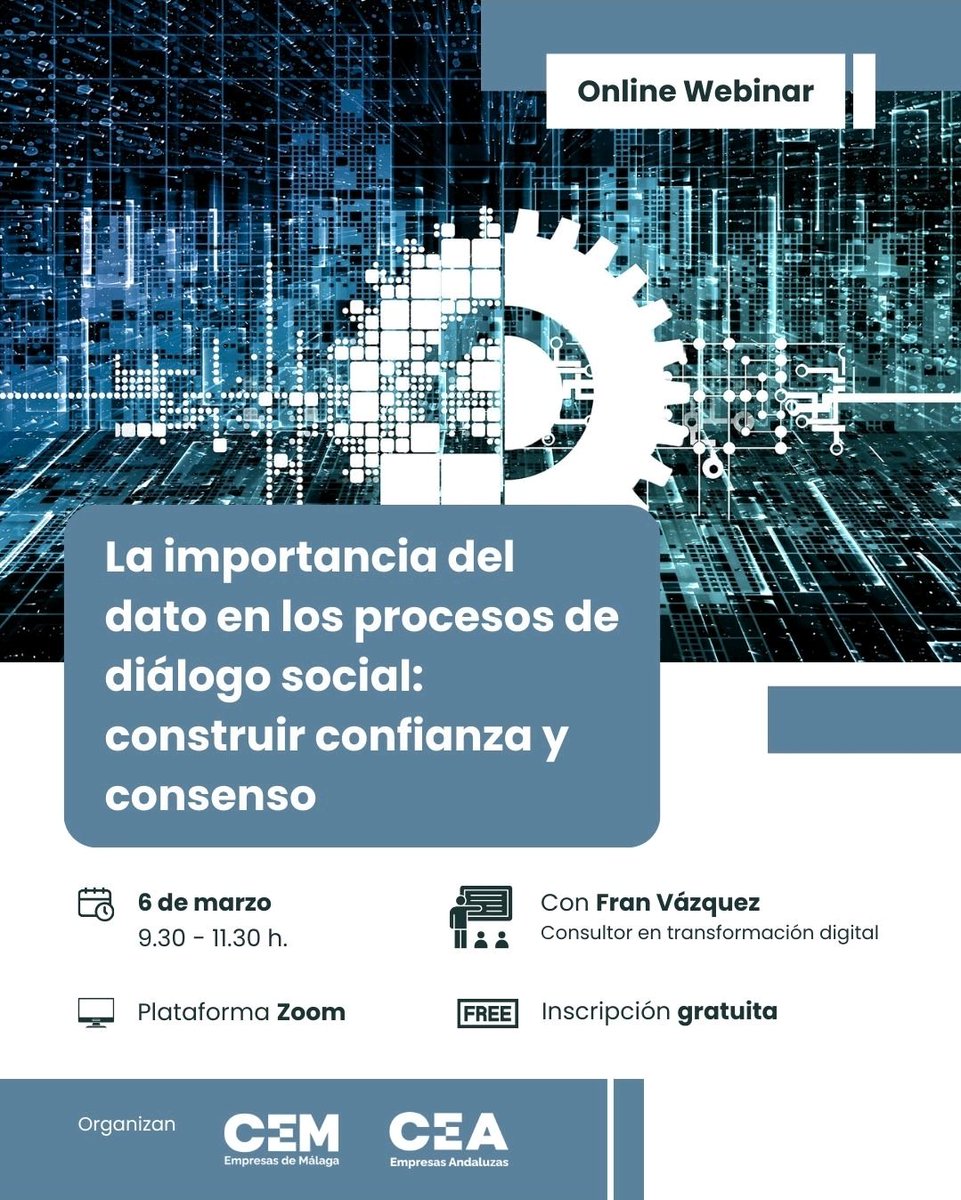 El próximo viernes hablaré de la importancia del dato ¿Quieres asistir? 👉🏻dsync.cea.es/edicion/la-imp… Gracias a <a href="/cemmalaga/">CEM</a> <a href="/CEAes_/">CEA</a>  #dialogosocial #empresa #datos #TransformacionDigital