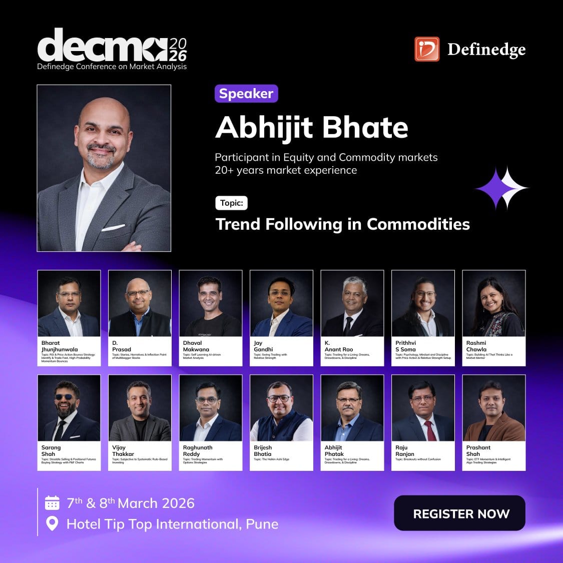 abhijitbhate's tweet photo. Hi everyone,

I will be speaking at DECMA2026 - Definedge Conference on Market Analysis in Pune on 7th-8th March 2026.

Looking forward to sharing perspectives, experiences, and interacting with the trading and investing community.

Register here: https://t.co/yggBOYlh6I https://t.co/q8cM9Gky8G