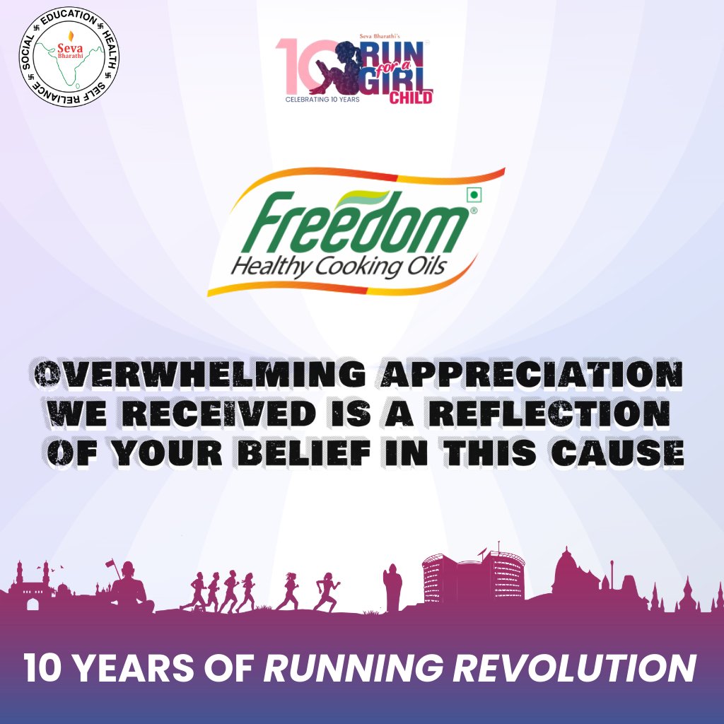 sevabharathitg's tweet photo. Behind every successful movement are partners who believe in the cause.
Thank you to our sponsor @freedomoil for supporting RFGC 10 and helping us take another strong step toward empowering girls and women.
#rfgc #runforagirlchild #sevabharathi #freedomoil https://t.co/M2CCHIENxB