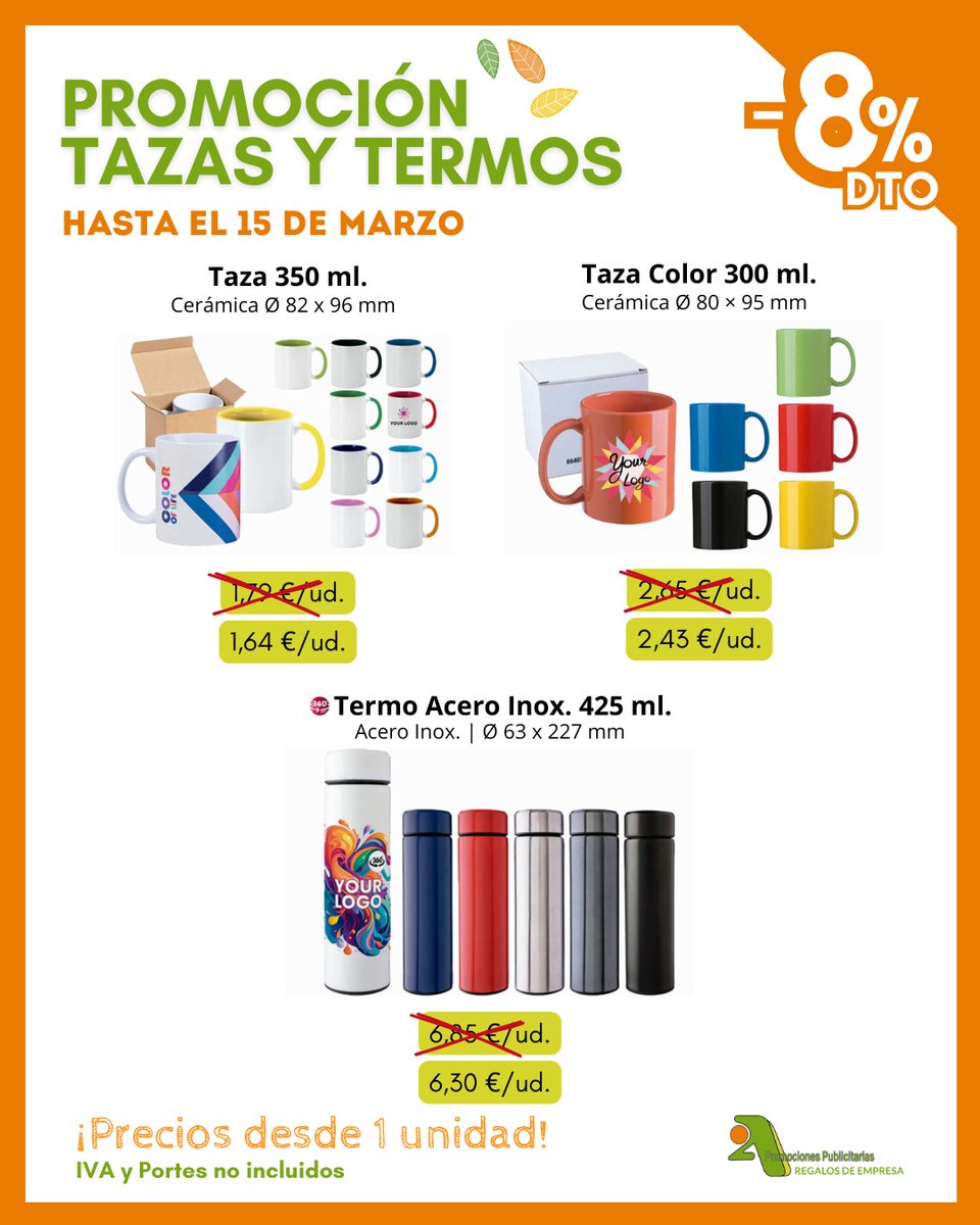 2APromociones's tweet photo. ☕ Reuniones, desayunos, oficinas, momentos de relax… ¡Ahí tiene q estar tu marca!🔥En @2APromociones lanzamos PROMOCIÓN DE #TAZAS y #TERMOS cn -8 % DESCUENTO hasta el 15 marzo! ⏰
✅100% personalizables
✅Precios dsd 1 ud
¡Consulta nuestro catálogo!📥https://t.co/OXcm7a4eMA https://t.co/3iGLOxoVCm