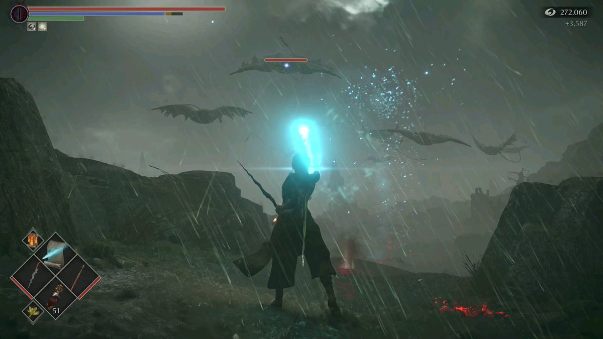 The Storm King fight is another bad change. In DeS, the weather is calm, no rain/lightning, just the sun shining through grey clouds. This calmness of the area makes the danger of the Storm King subtle. In DeSR it looks more "epic" with rain and lightning striking down everywhere