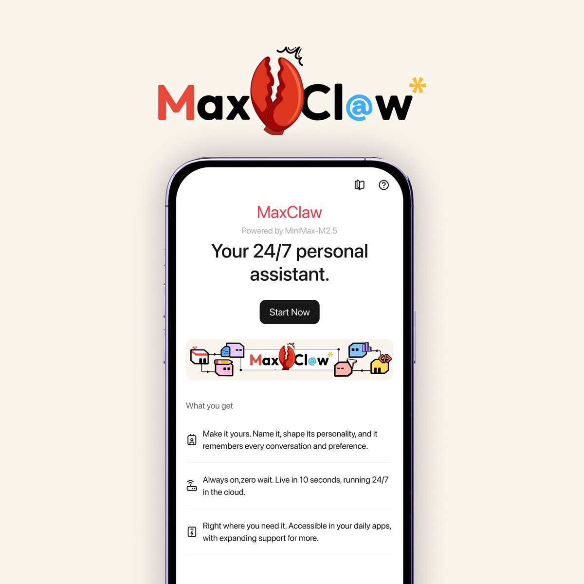 aigclink's tweet photo. MiniMax的龙虾：MaxClaw现在在手机App里也能用了，并与网页端消息无缝同步

直接可以在手机上跟MaxClaw聊天，不用再配飞书、钉钉等其他IM了

#OpenClaw #MaxClaw