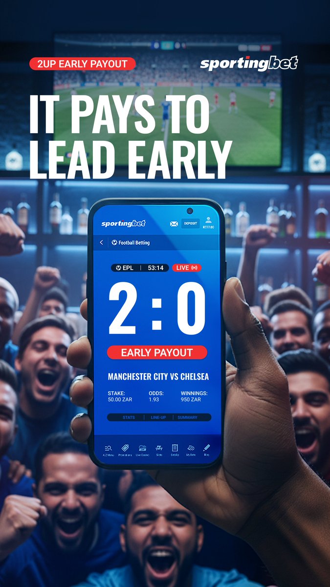 sportingbetza's tweet image. Up by two? Cash out now!🔥 

With our 2UP Early Payout, we settle your bet the moment your team hits a two-goal lead. 

Forget the final whistle - grab your winnings instantly.

#2UP #BettingAmplified