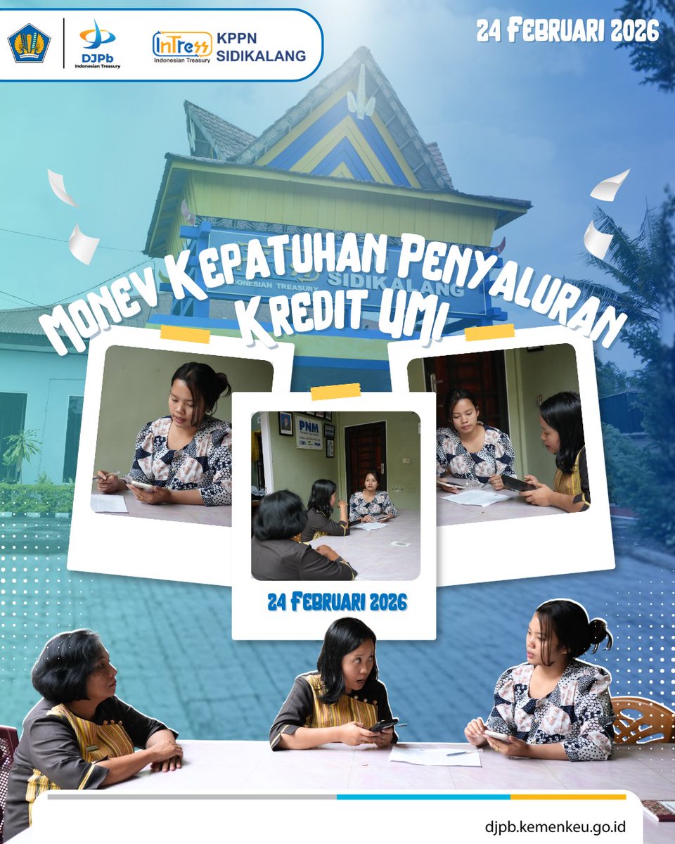 kppnsidikalang's tweet photo. Selamat malam Sobat #Intress
Dalam rangka monev kepatuhan Lembaga Keuangan Bukan Bank, pada Selasa 24 Februari 2026, KPPN Sidikalang berkunjung ke PNM Kabanjahe.
Tim melakukan koordinasi terkait penyaluran kredit Ultra Mikro (UMi) kepada debitur periode Triwulan I Tahun 2026. https://t.co/5aQwlJCYFf