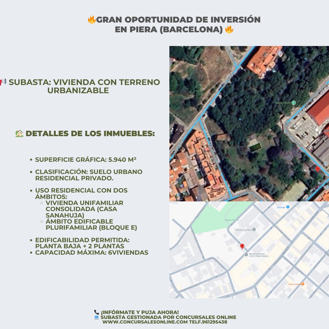 ConcursalesOn's tweet photo. 🚀 Oportunidad para promotores e inversores en Piera (Barcelona)Se subasta vivienda con suelo urbano residencial en Calle Folch i Torres, 29, una parcela de 5.940 m² con planeamiento aprobado y desarrollo inmediato.✅ Edificabilidad: PB + 2✅ Hasta 6 viviendas. https://t.co/kIV7TVvVDu