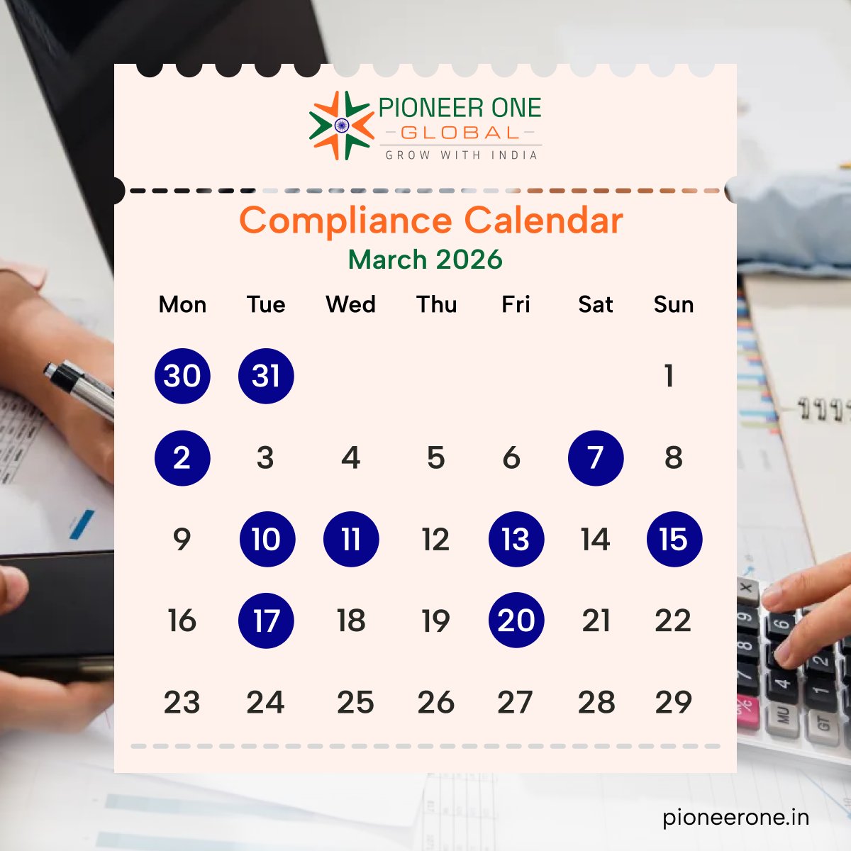 PioneerOneLLP's tweet photo. Stay on top of your statutory responsibilities with our March Compliance Calendar.

View Calendar - https://t.co/HFhbAEuWUa

#ComplianceCalendar #Compliance #Business #BusinessCompliance #audit #accounting #statutorycompliance #accountants #StartUps #Growth #Company #Chennai https://t.co/6QRNaSuKI9