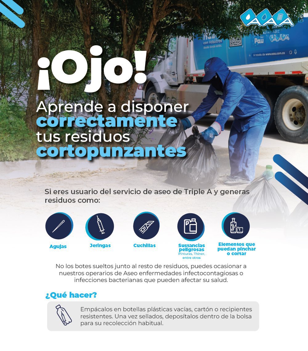 SomosTripleA's tweet photo. ¡Ojo! 🙌🏻
Si generas residuos cortopunzantes como agujas, jeringas o cuchillas, no los botes sueltos.

Empácalos en botellas o recipientes resistentes, séllalos y deposítalos dentro de la bolsa.

Cuidar a nuestros operarios es responsabilidad de todos.
#SomosTripleA #OrgulloAzul https://t.co/xbfuxA4Yf9