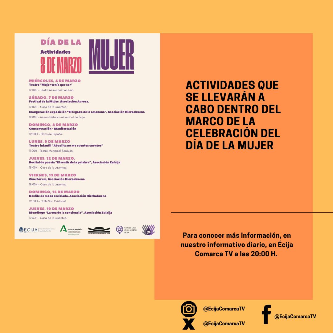 🟪 Presentadas las actividades que se llevarán a cabo dentro del marco de la celebración del Día de la Mujer

ℹ️ Programación con obras de teatro, cine, recital poético y concentración. Entre otras. 

Más información, en nuestro informativo diario 

#Écija #Actualidad