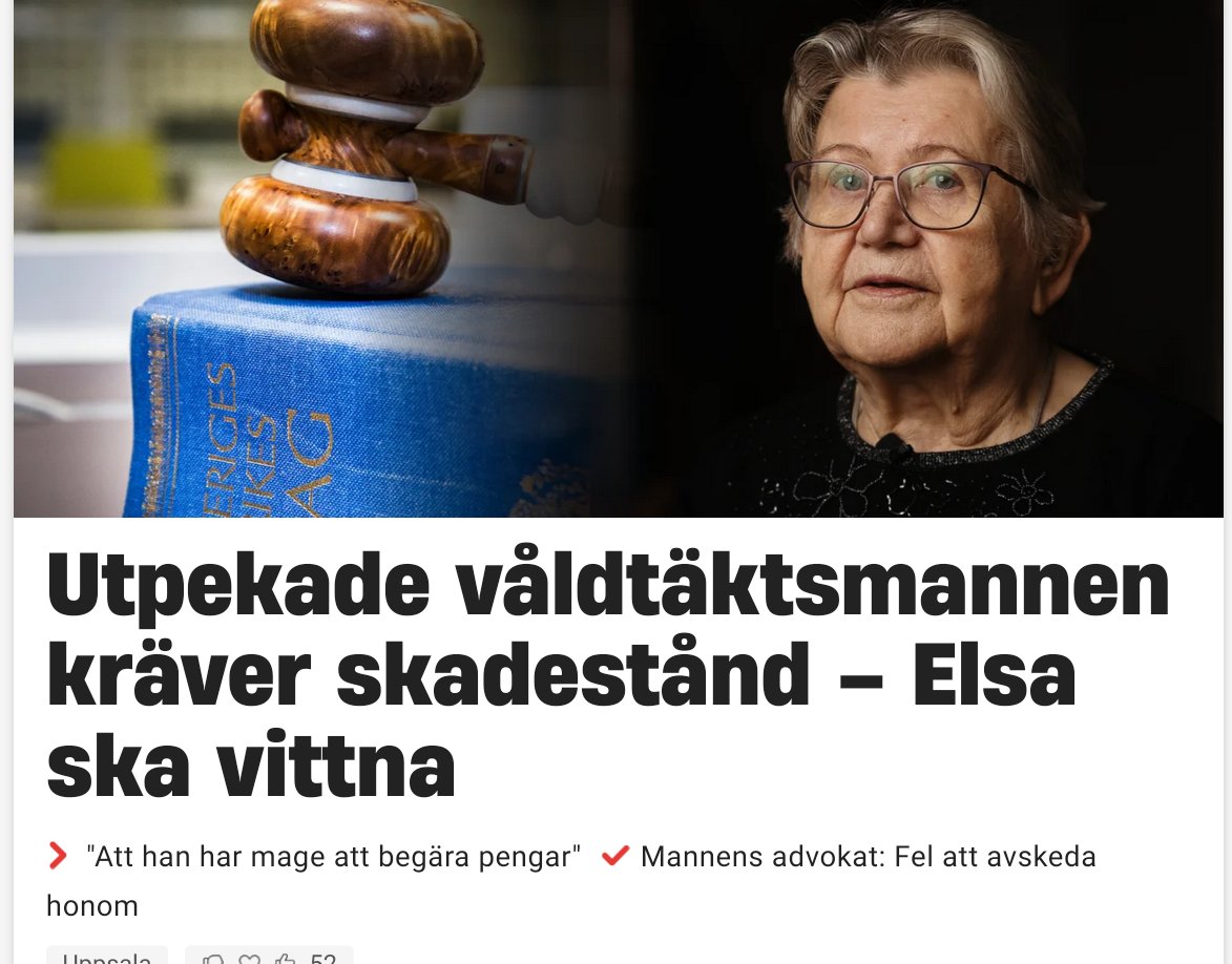 Elsa har kallats att vittna i tingsrätten mot den hemtjänstman hon pekat ut för våldtäkt. Men det är inte han som står åtalad. Mannen har stämt Uppsala kommun på flera hundra tusen kronor för att han fick sparken.– Att han har mage att begära pengar, säger Elsa.
Att han har mage