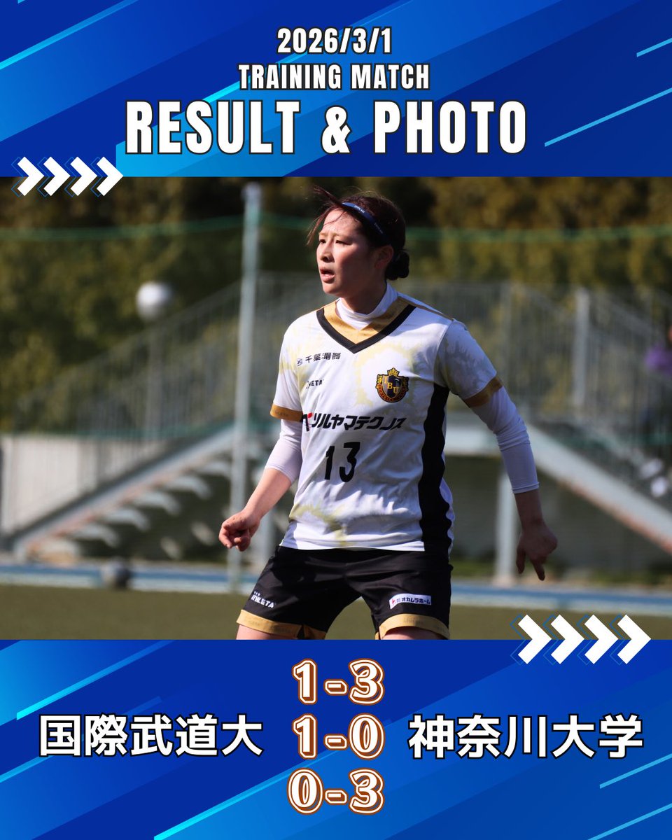 h27eEgIfPswVN17's tweet photo. 【結果】
3月1日(日)、神奈川大学に伺い、TRMを行いました。
対戦ありがとうございました。
#国際武道大学 vs 神奈川大学
1本目1-3(得点:矢野幌)
2本目1-0(得点:菅野璃子)
3本目0-3
#女子サッカー #勝浦 #大学サッカー #国際武道
【CLUB OFFCIAL TOP PARTNERS】
#HANDICAPCLOUD
#ツルヤマテクノス
#中央運送豊洲
#小野創建工業
#ダイハツ千葉
#f_and_c内装工事
#千葉測器
#オカムラホーム
#第一元商
#アットキャド
#千葉マツダ
#三機サービス
#マインズスポーツフィールド
#水道メンテナンスSAKUYA
#Knows計測中
#房の駅
#ORSタブレット
#ワコー
私達は、国際武道大学男女サッカー部オフィシャルスポンサーです。
https://t.co/BYJIlTx63g