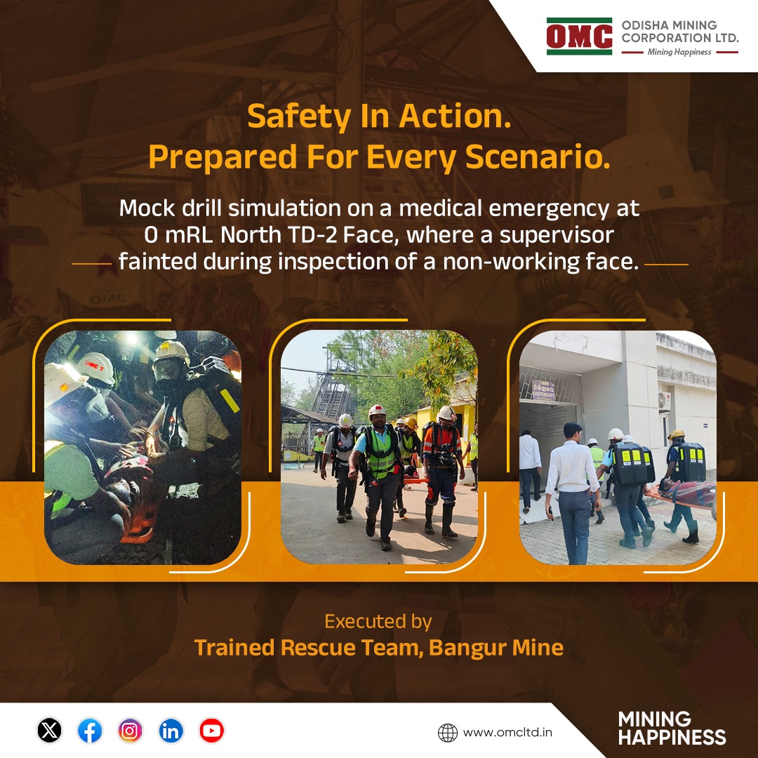 odisha_mining's tweet image. Reinforcing #EmergencyPreparedness, a mock drill simulating a supervisor fainting during inspection at 0 mRL North TD-2 Face was conducted by Trained Rescue Team of Bangur Mine. Key learnings were recorded to strengthen response mechanisms and enhance #OMC's #MineSafety systems.