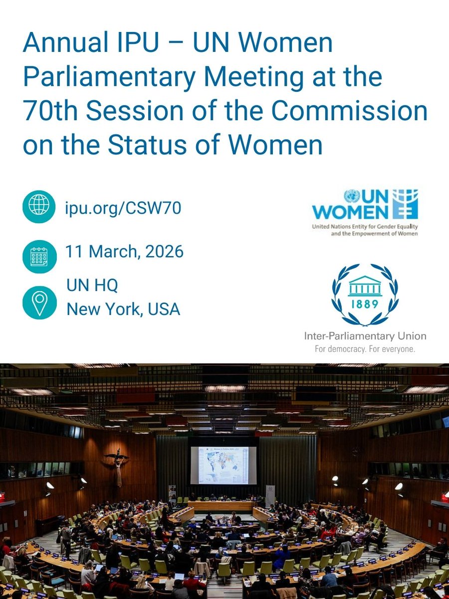 IPUparliament's tweet image. How can we achieve equal representation, end discriminatory laws, and ensure justice for women &amp;amp; girls? 

On 11 March, #IPU &amp;amp; @UN_Women will bring together global #MPs at #CSW70 to spotlight inclusive parliaments driving reform. 

Join us  ➡️ ipu.org/CSW70