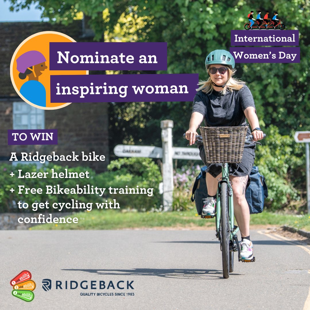 BikeabilityUK's tweet photo. This #InternationalWomensDay, help us reward an inspiring woman with a brand new #Ridgeback Bike 🚴‍♀️

ENTER:
💜 Like &amp; repost
✅ Follow @BikeabilityUK
💬 Nominate an inspiring woman to win below (photos, stories, and tags welcome)

Closes midnight Sun 8 March—T&amp;Cs apply. #IWD2026 https://t.co/euGZoPBysi