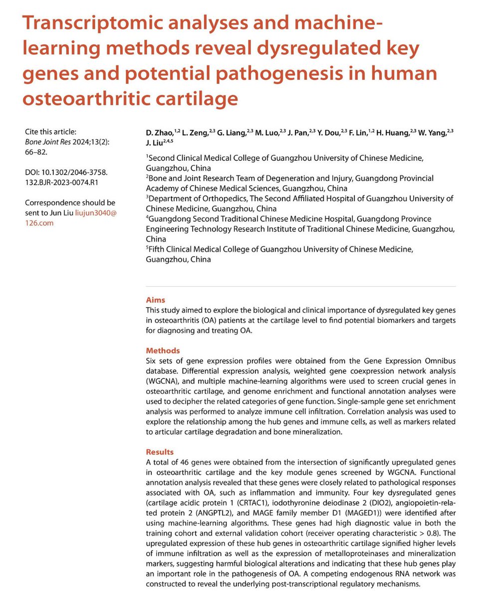 BoneJointRes's tweet image. This study aimed to explore the biological &amp;amp; clinical importance of dysregulated key genes in osteoarthritis (OA) patients at the cartilage level to find potential biomarkers &amp;amp; targets for diagnosing &amp;amp; treating OA.

#Arthritis #Research #Patients #BJR

ow.ly/86Xe50Yn4or