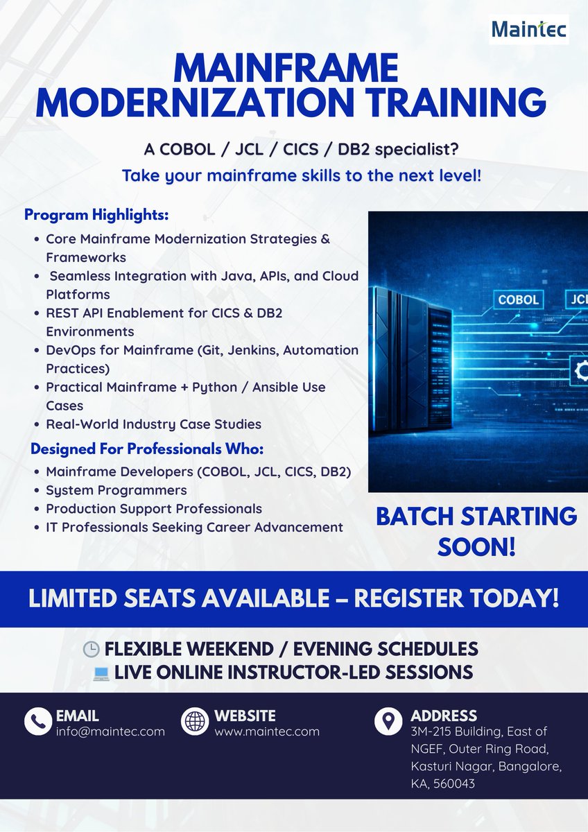 Maintec_Tech's tweet photo. Our Mainframe Modernization Training equips you with practical skills in APIs, DevOps, cloud integration, and automation, all delivered through live, instructor-led sessions.
Limited seats available. info@maintec.com
#mainframe #training #mainframetraining #modernization #maintec https://t.co/jJCPXIyNXG