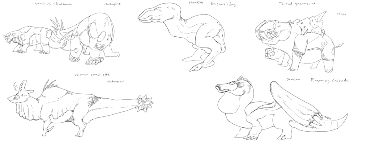 Very rough sketches for the herbivorous lesser monsters of enclave.

Lesser monsters are essentially minibosses who's items aren't used to make equipment but rather consumable items such as status effect pots or gun ammo.