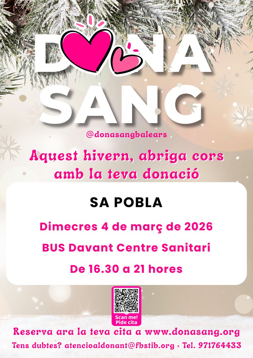 donantssapobla's tweet photo. 🩸 DONACIONS DE SANG A SA POBLA

🚍 Bus davant centre sanitari

🧐 👉🏻 SENSE NECESSITAT DE CITA PRÈVIA‼️

Però també en podeu demanar a:

🌍 https://t.co/7naKOiBS4y

📧 citaprevia@fbstib.org

📱971764433 https://t.co/wDC1c7MFUV