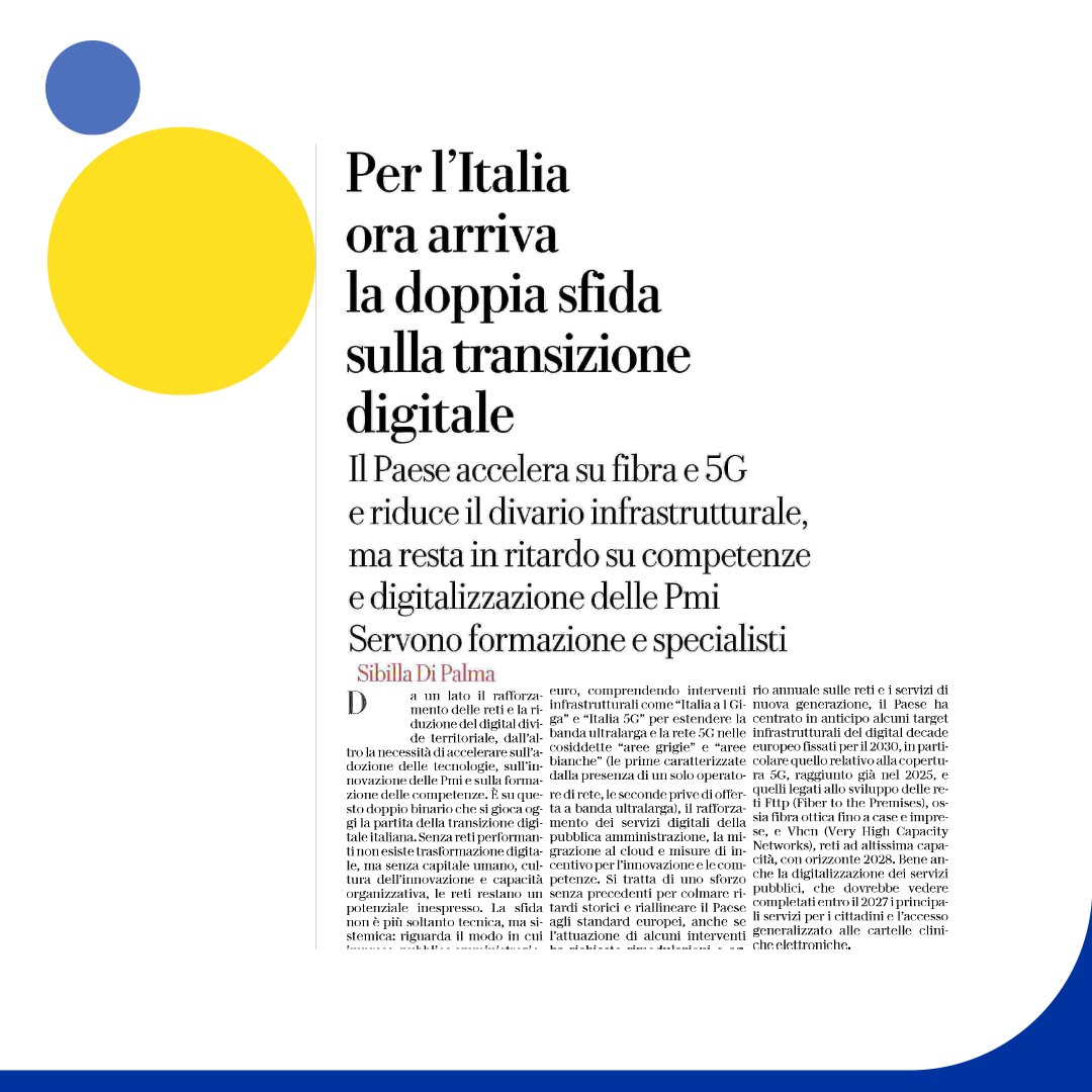 infocamere's tweet image. Il Paese accelera su fibra e #5G e riduce il divario infrastrutturale, ma resta in ritardo su competenze
e #digitalizzazione delle Pmi.
📰"Per l'Italia ora arriva la doppia sfida sulla transizione digitale" su @RepubblicaAF 

#PNRR #formazione @EU_Eurostat @EU_Commission