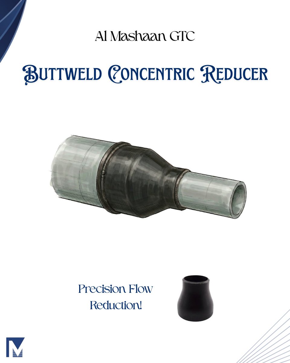 almgtc_co's tweet image. Engineered for symmetrical flow optimization. Our Buttweld Concentric Reducers align the two different pipe diameters, providing a smooth transition.

#ConcentricReducer #Buttweld #PipeFittings #PipingSystem #IndustrialPiping #Engineering #OilAndGas #AlMashaanGTC #Kuwait